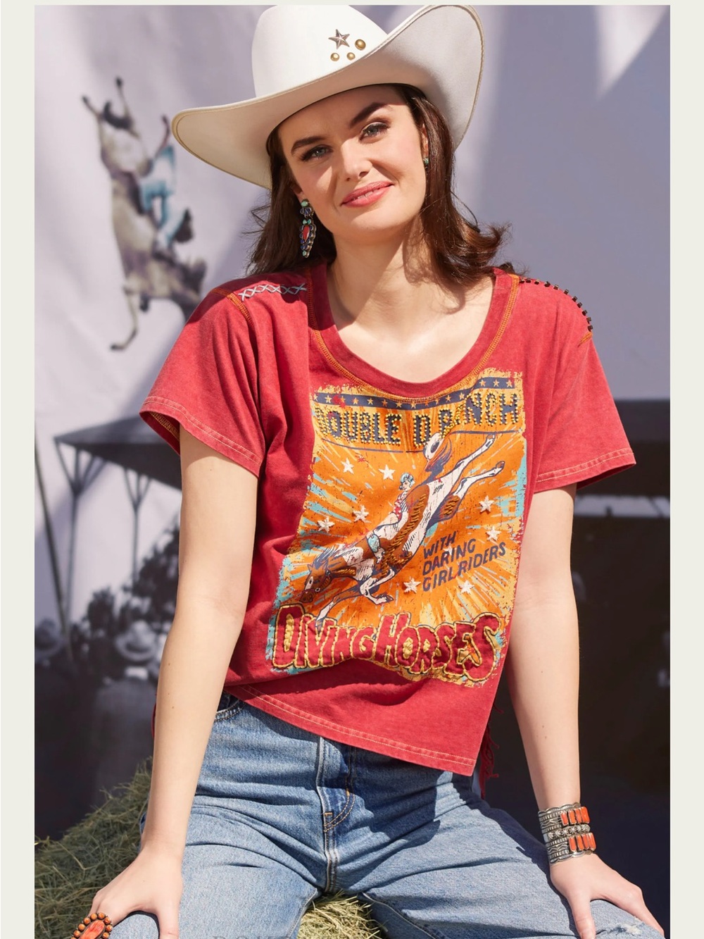 Double D Ranch Daring Girl Riders Diving Horses Fringe Tee Top Red XL Embellish
